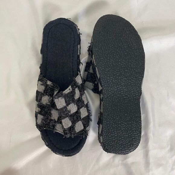 Distressed Dark Denim Checkered Platform Sandal Slides US 7 - Picture 4 of 5